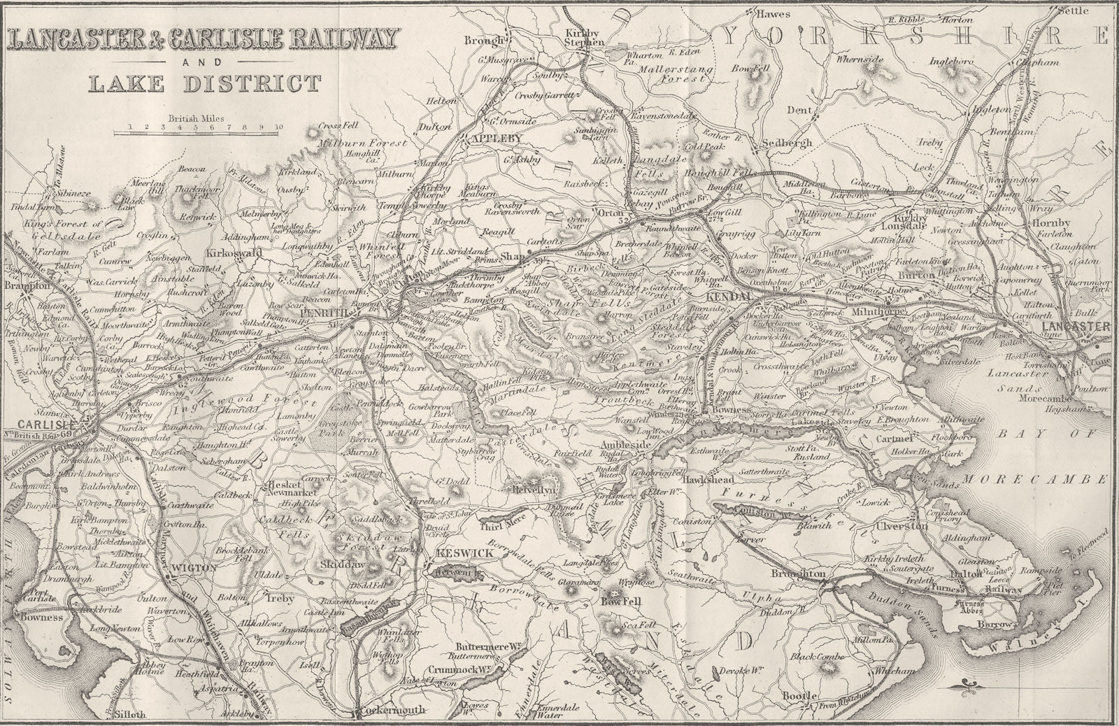 LANCS. Lancaster & Carlisle Railway & Lake District 1874 old antique print
